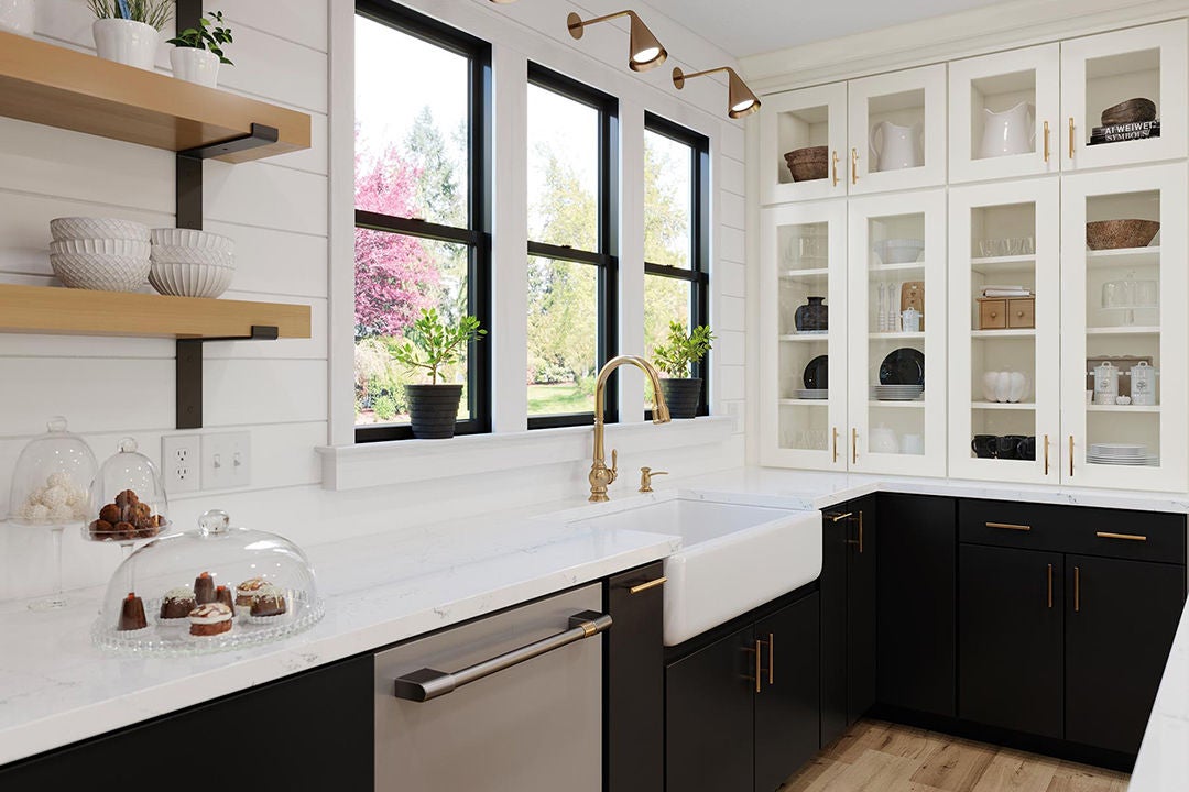 Painted black and linen cabinets
